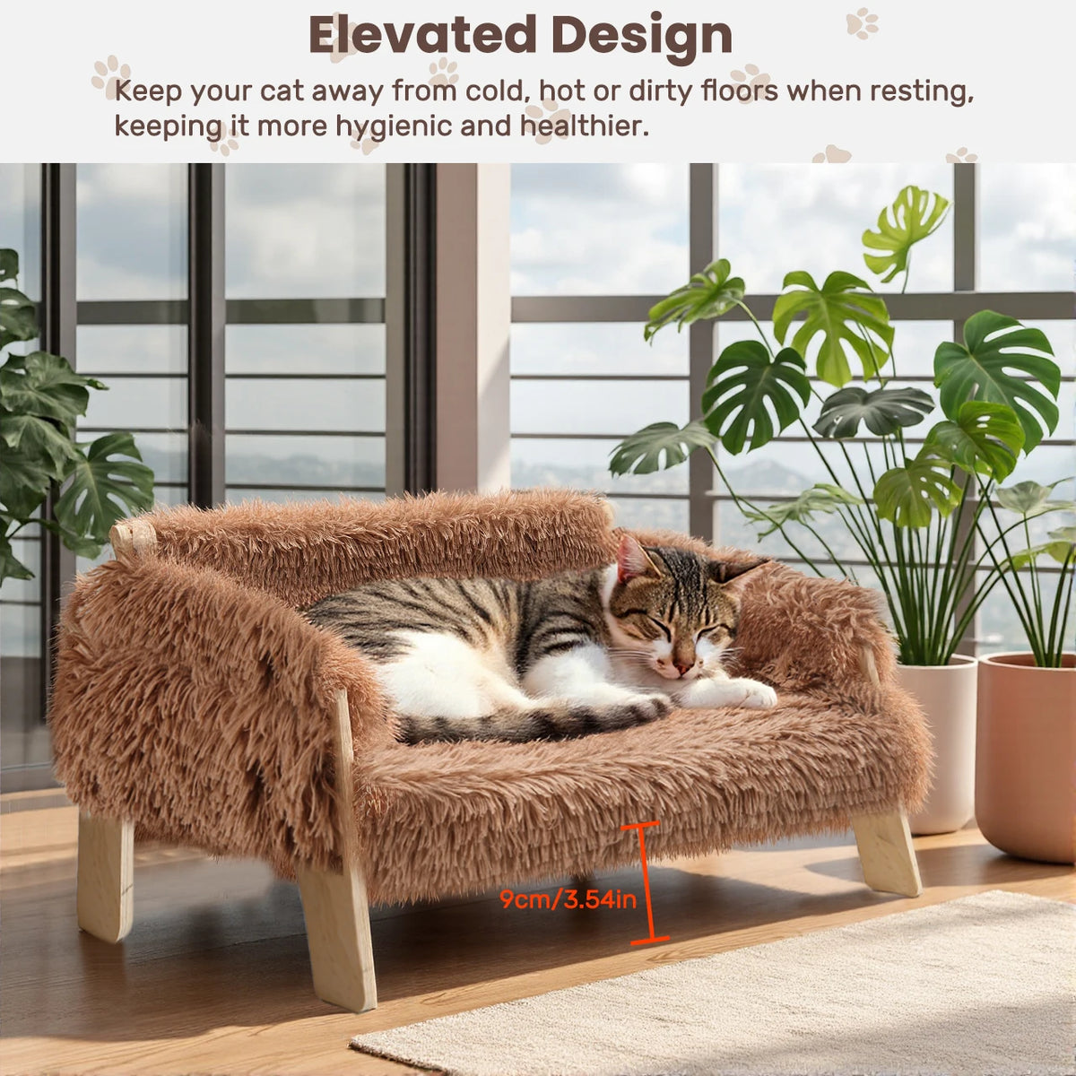 Raised Plush Cat Sofa Bed with Sturdy Wooden Legs for Indoor Cats