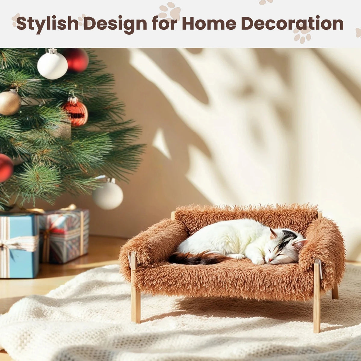 Raised Plush Cat Sofa Bed with Sturdy Wooden Legs for Indoor Cats