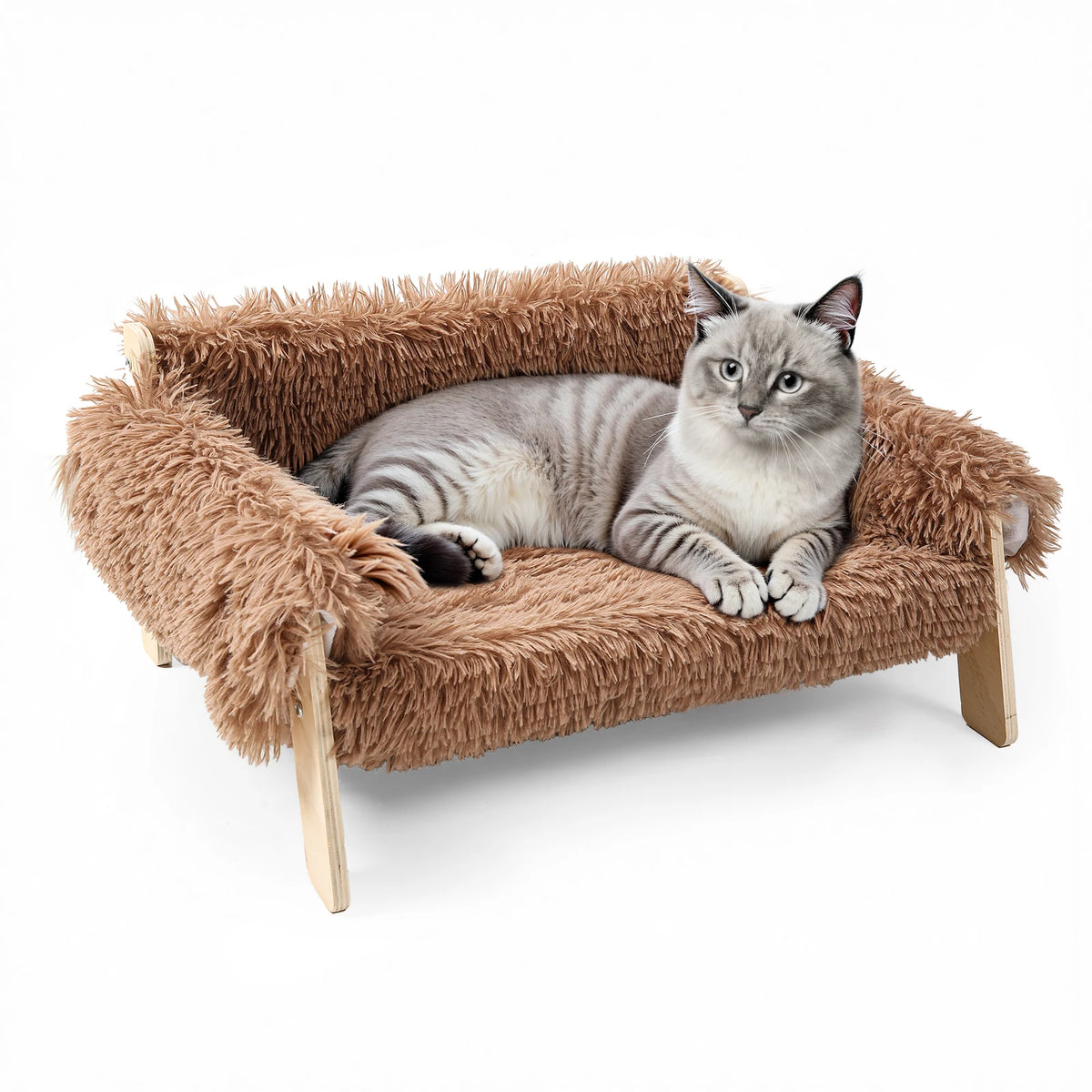 Raised Plush Cat Sofa Bed with Sturdy Wooden Legs for Indoor Cats