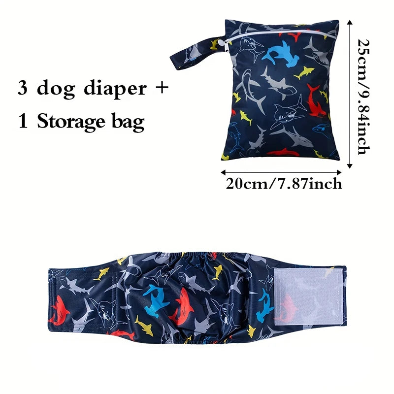 4-Pack Washable Male Dog Diapers with Storage Bag, Anti-Marking