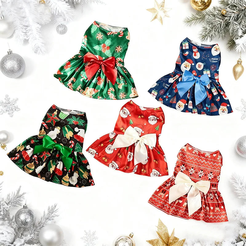 Christmas Dog Dress with Bow, Festive Holiday Pet Skirt