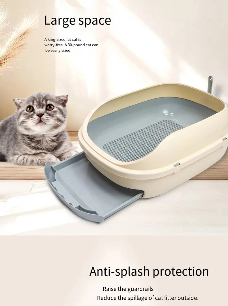 Half-Enclosed Double-Layer Grid Cat Litter Box, Splash-Proof Drawer