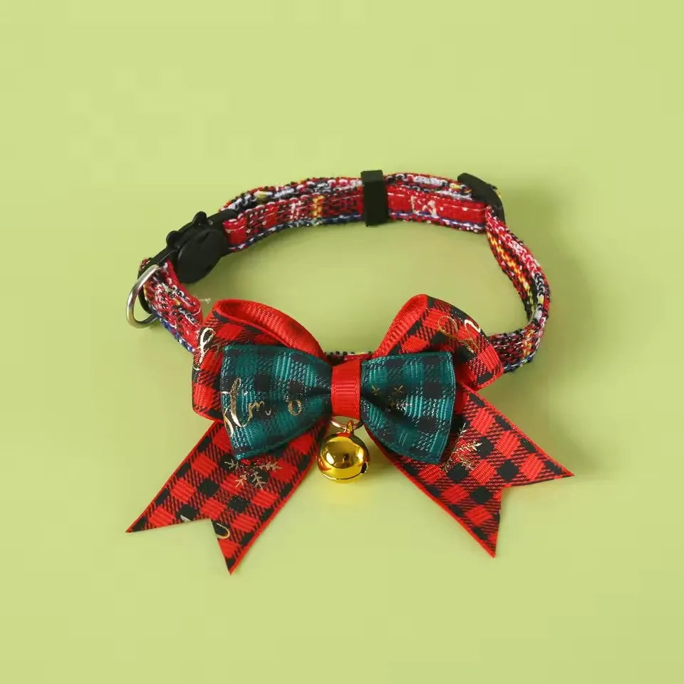 Christmas Pet Bow Collar, Adjustable Plaid Holiday Collar