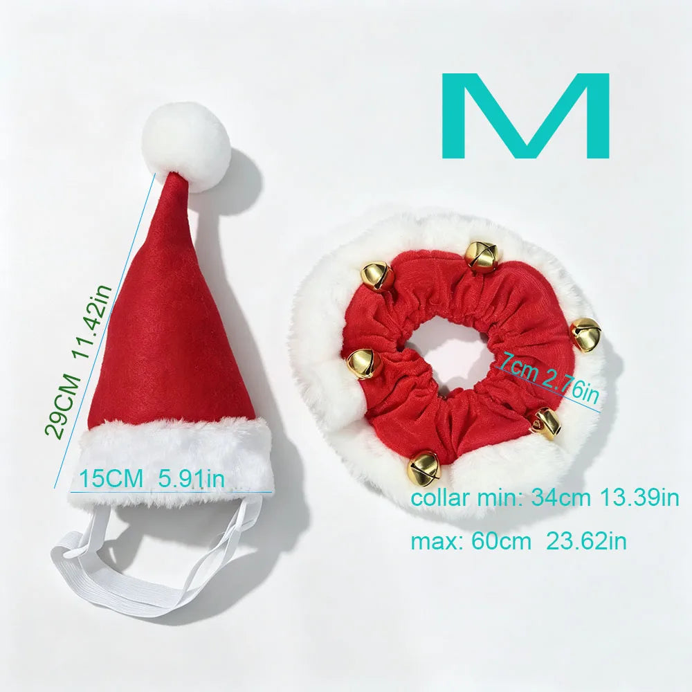 Dog Christmas Santa Hat Collar with Bells, Holiday Costume