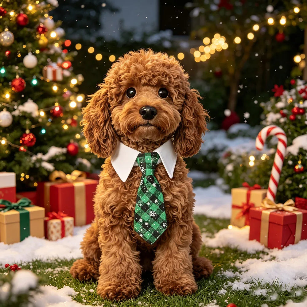 Christmas Dog Necktie, Red & Green Holiday Collar Bow Tie
