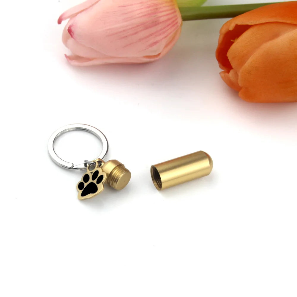 Paw Print Pet Memorial Urn Keychain, Cylinder Ashes Keepsake Holder