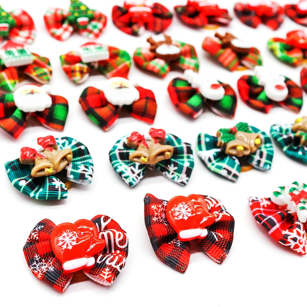 Christmas Plaid Puppy Hair Bows with Rubber Bands, 20-Pack