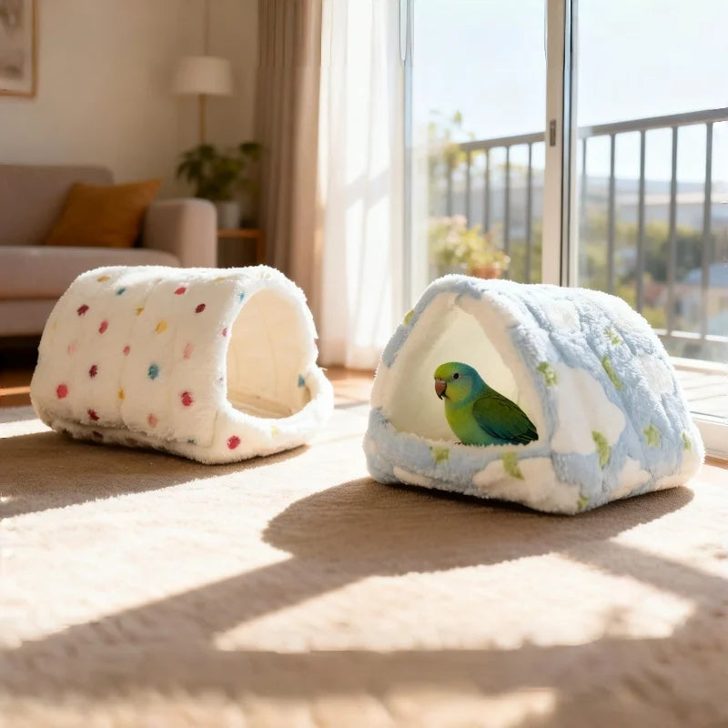 Warm Plush Bird Nest Bed for Parrots, Cozy Winter Hideout Hut