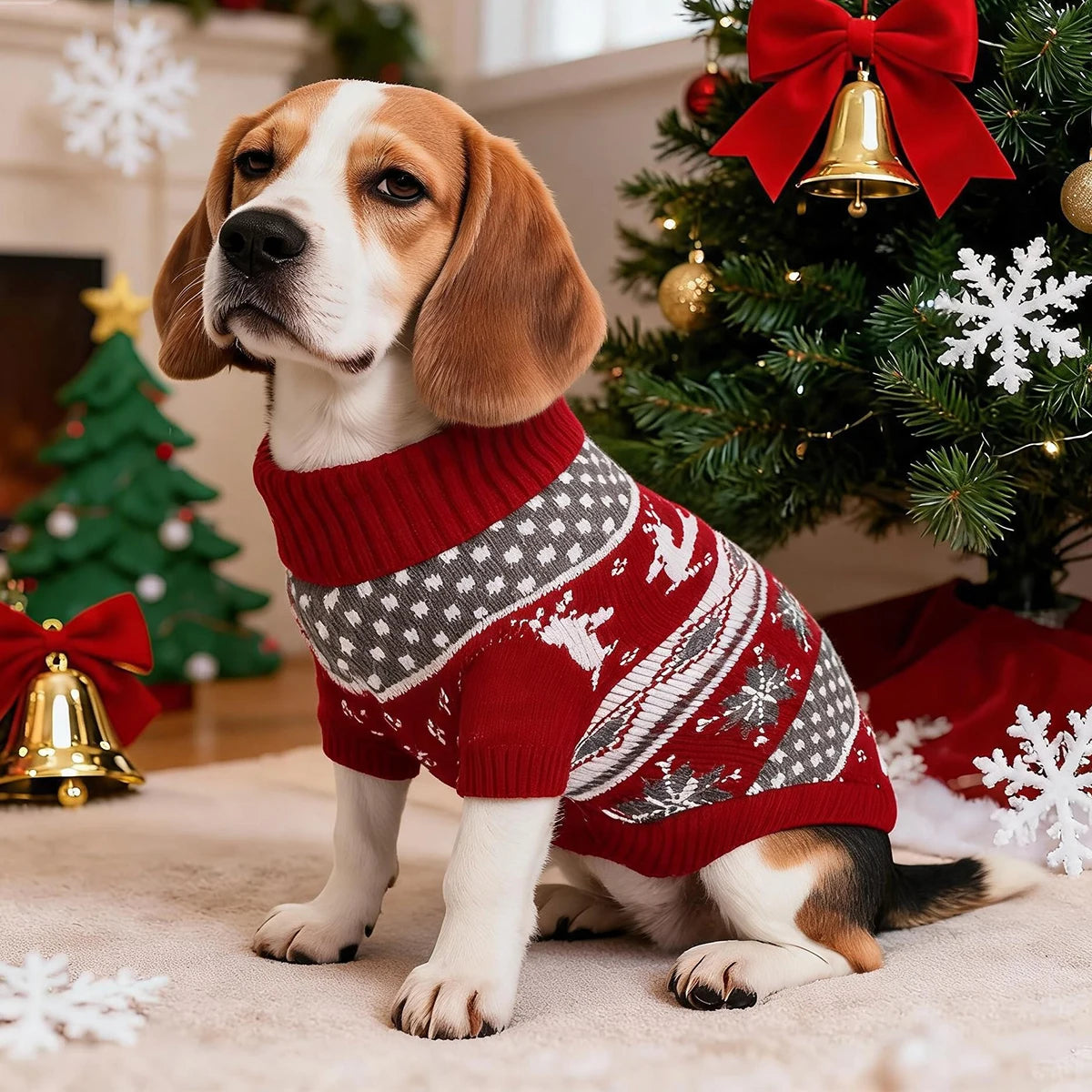 Christmas Dog Sweater, Reindeer Snowflake Knitted Xmas Pullover