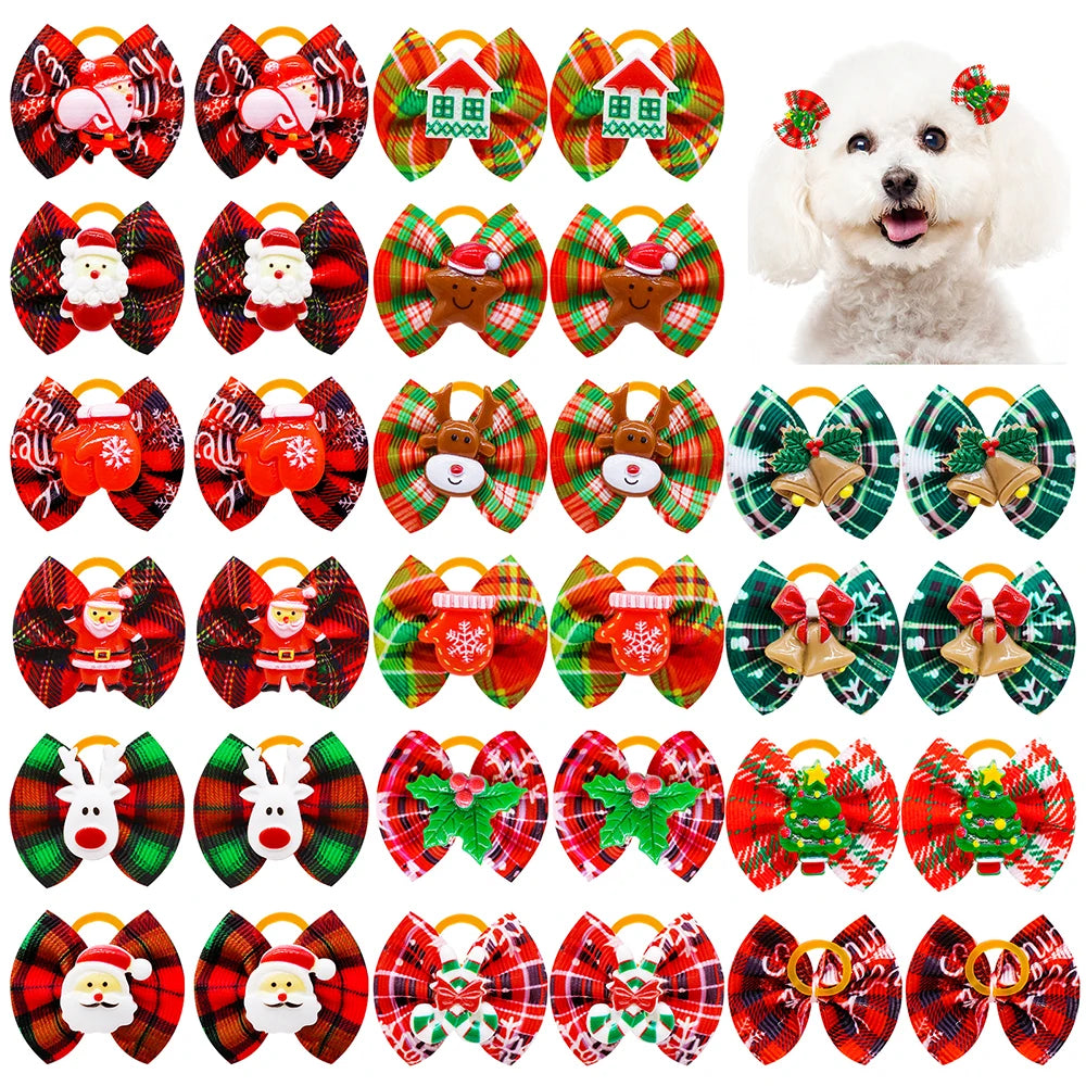 Christmas Plaid Puppy Hair Bows with Rubber Bands, 20-Pack