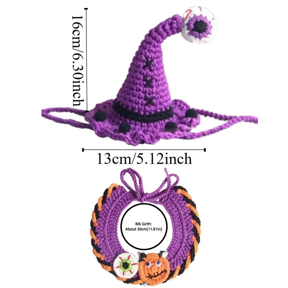 Halloween Cat Costume Pumpkin Ghost Woven Hat and Bib Set for Cats