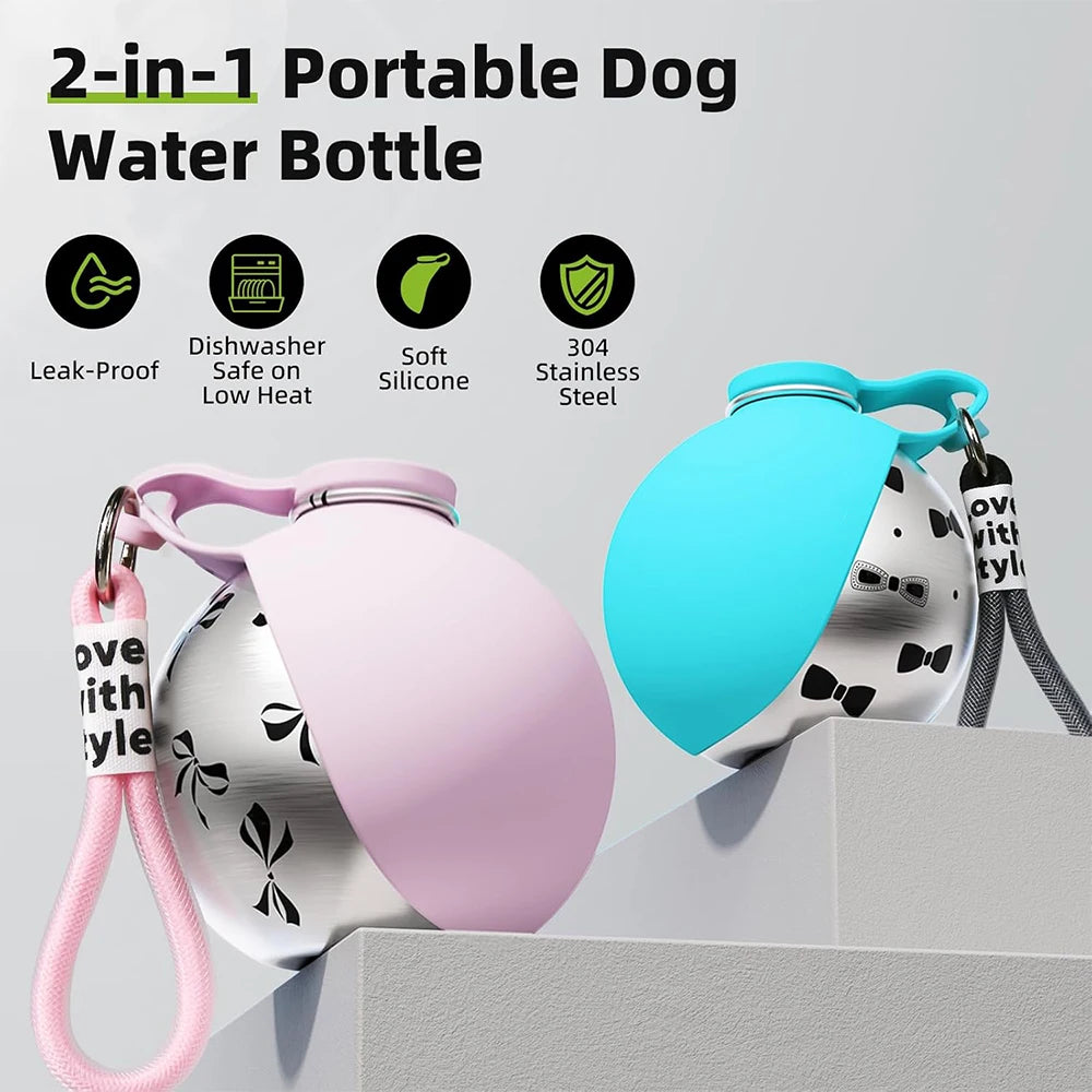 2 in 1 Portable Dog Water Bottle with Silicone Bowl, No-Spill Travel