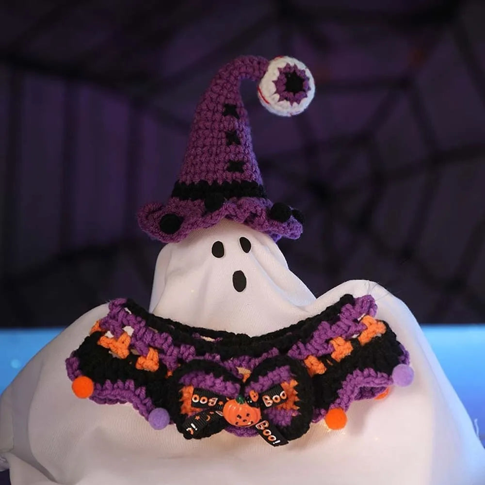 Halloween Cat Costume Pumpkin Ghost Woven Hat and Bib Set for Cats
