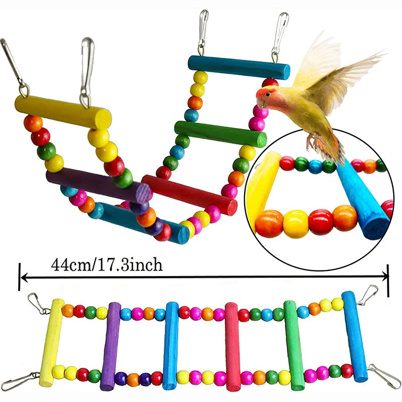 7-Piece Wooden Parrot Toy Set with Swing, Bridge & Bells