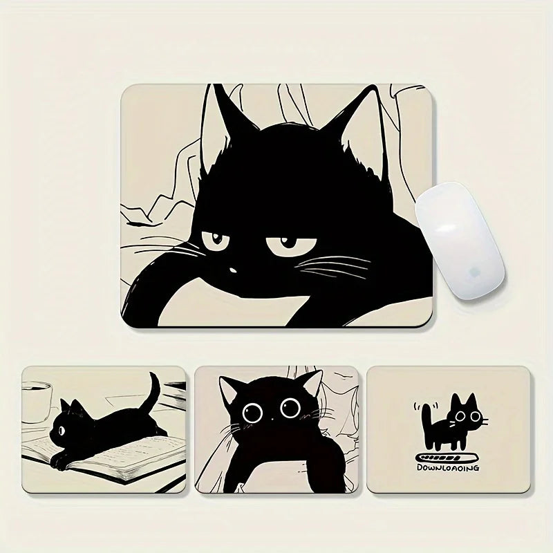 Black Cat Illustration Mouse Pad, Non-Slip Desk Mat Gift for Cat Lovers