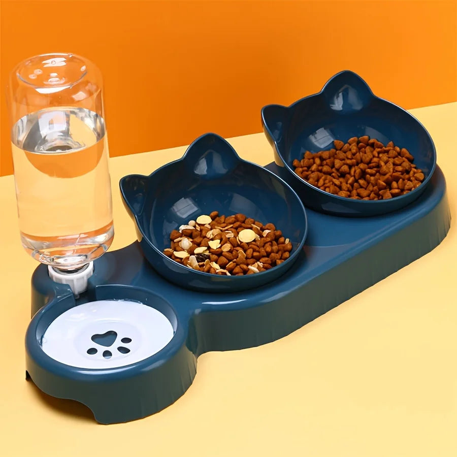 3-in-1 Tilted Cat Bowl Set with Gravity Water Bottle, Neck-Friendly