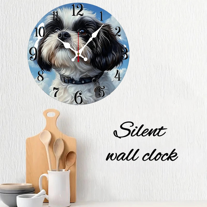 Shih Tzu Dog Wooden Wall Clock, Silent Round Clock for Dog Lovers