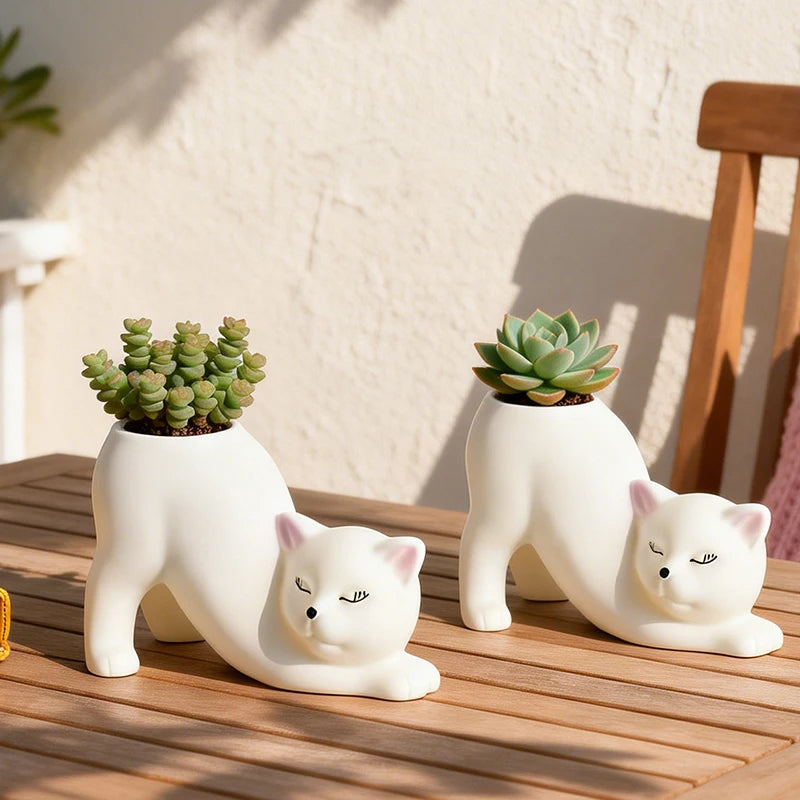 Curly Cat Resin Planter, Whimsical Kitty Pot for Succulents