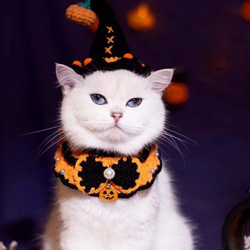 Halloween Cat Costume Pumpkin Ghost Woven Hat and Bib Set for Cats
