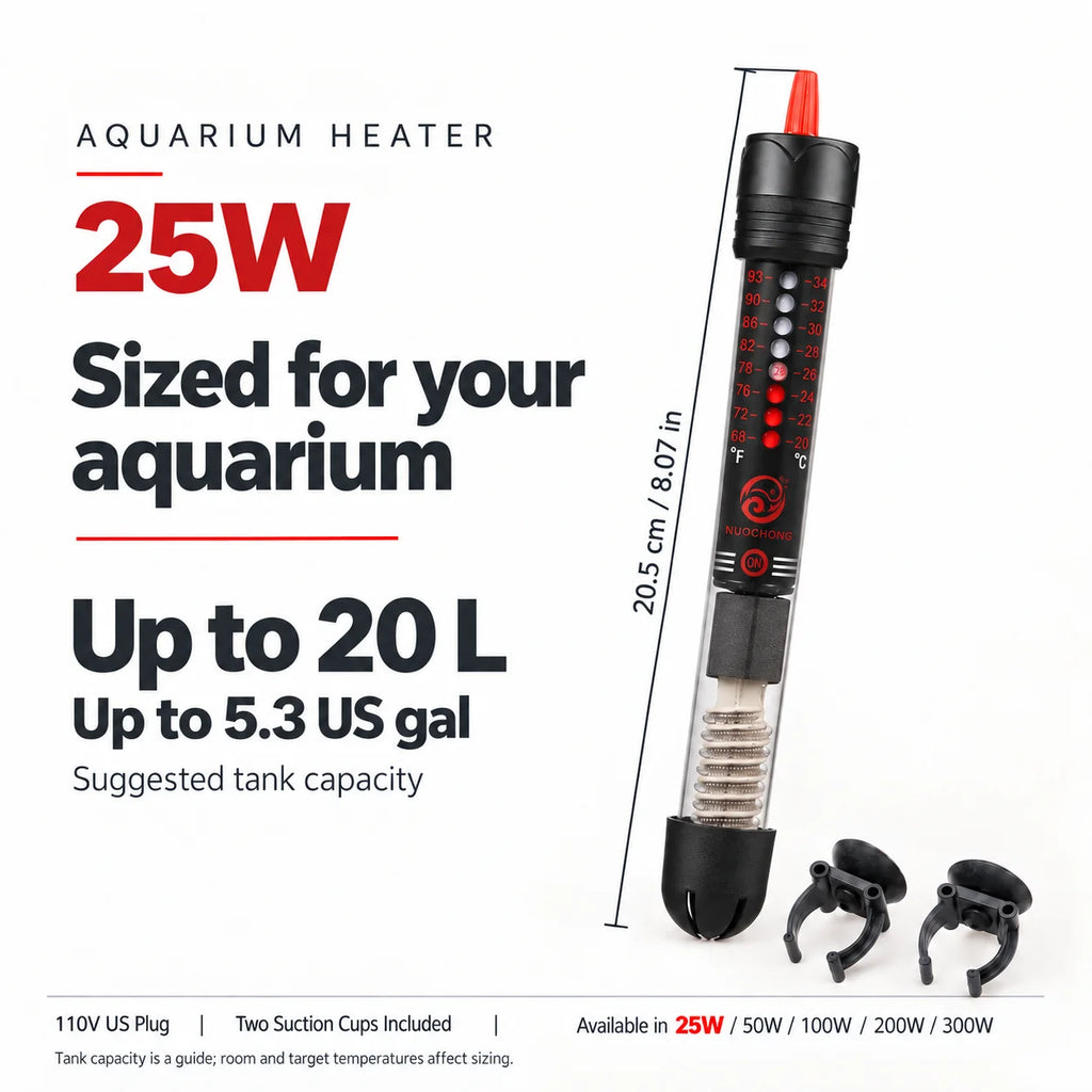 Adjustable Submersible Aquarium Heater with US Plug, 25W to 300W