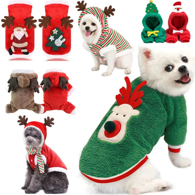 Christmas Elk & Santa Dog Hoodie, Warm Winter Pet Coat