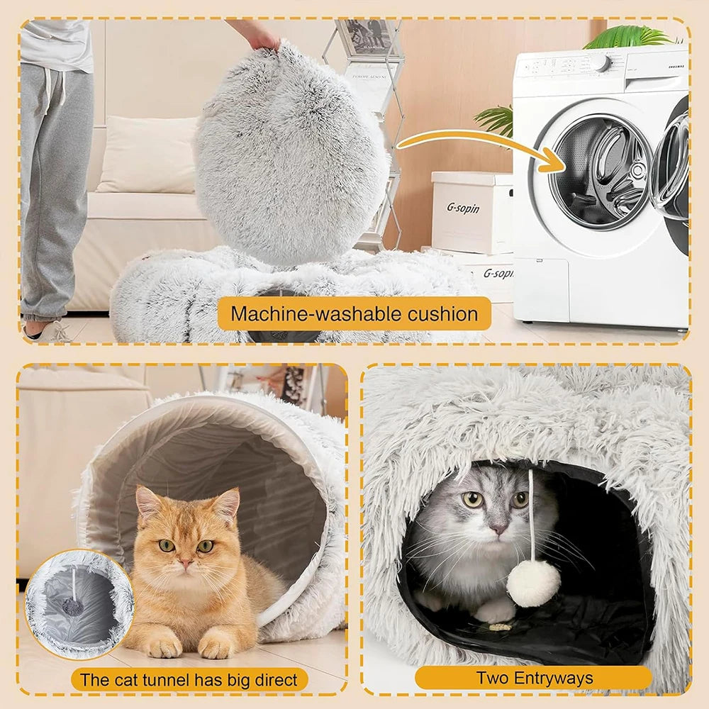 Plush Cat Tunnel Bed, Foldable 2-in-1 Warm Round Hideaway for Cats