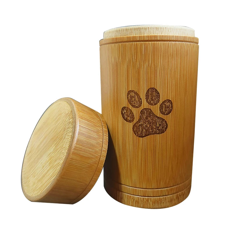 Handmade Bamboo Pet Memorial Urn with Paw Print Design, Dog & Cat