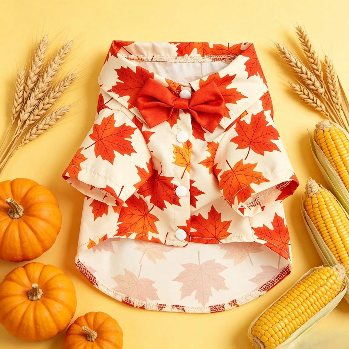 Fall Maple Leaf Dog Shirt with Bowtie, Thanksgiving Pet Outfit