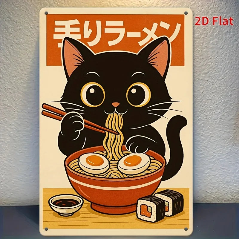 Lucky Black Cat Eating Ramen Metal Sign, Retro Cat Lover Wall Decor