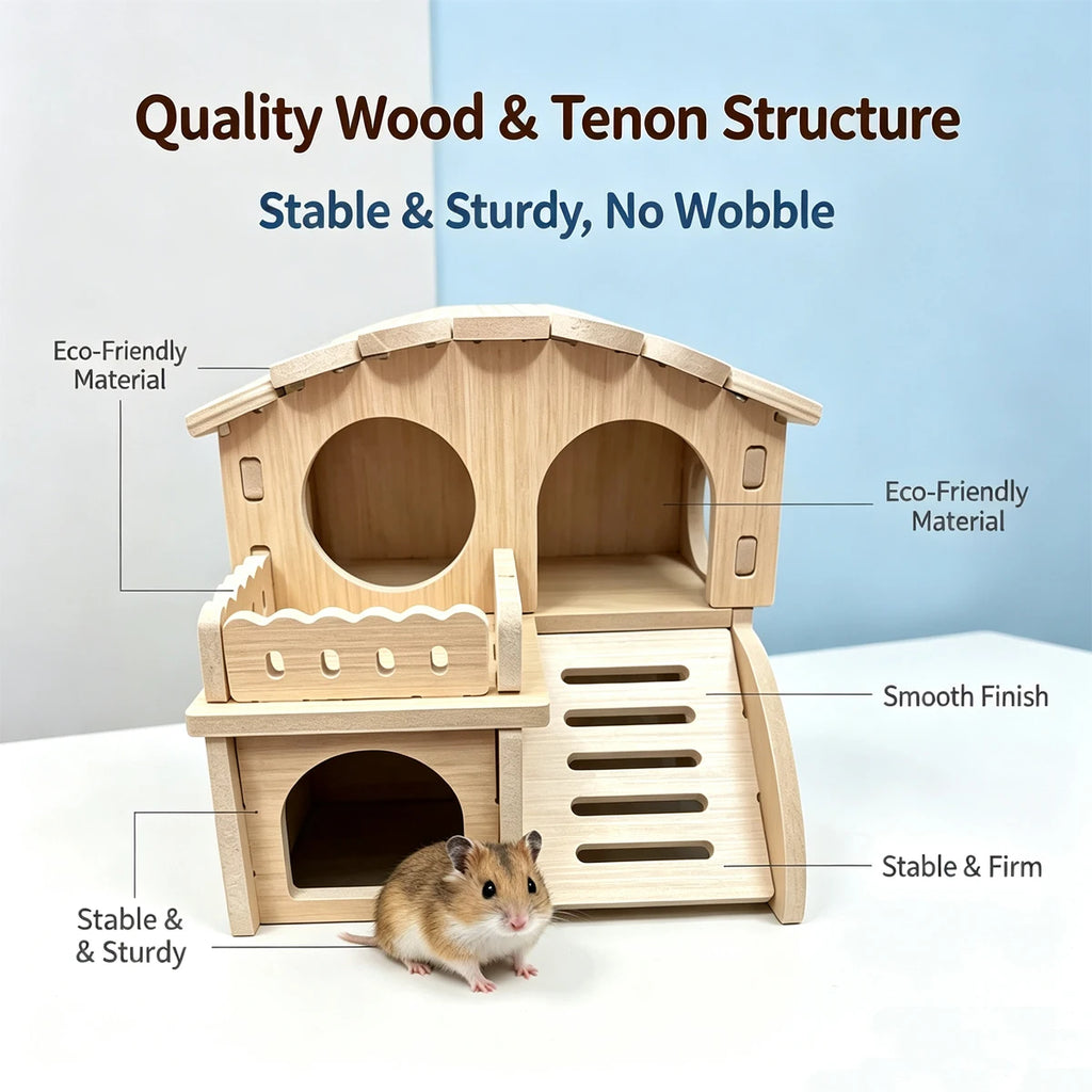 Wooden Hamster Villa Cabin House, Easy-Install Cage Hideout