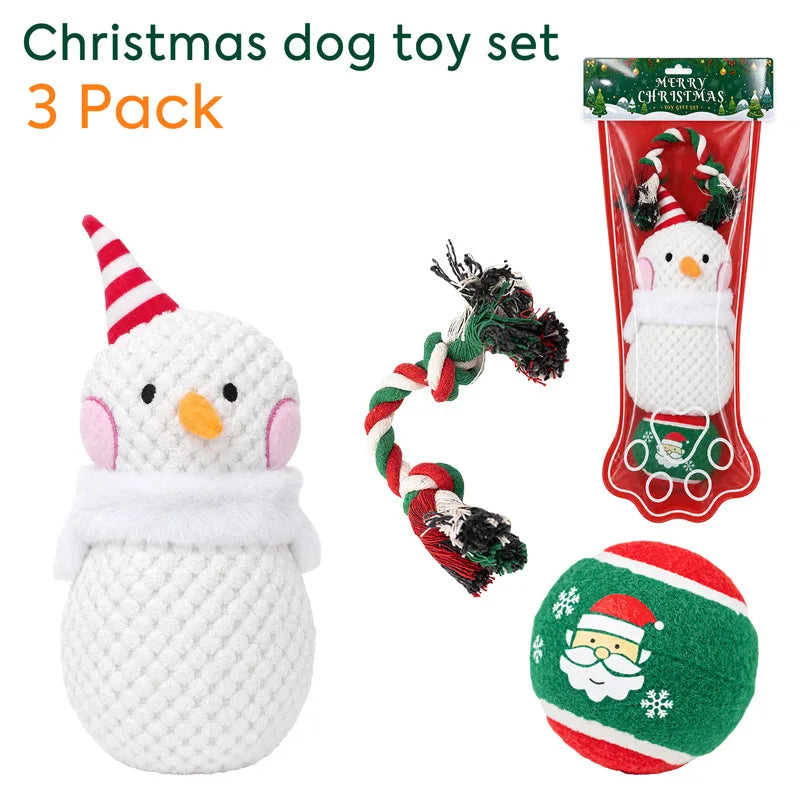 3-Piece Christmas Dog Toy Set with Plush, Rope and Tennis Ball