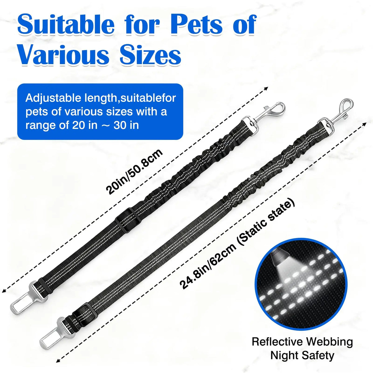 Adjustable Dog Car Seat Belt with Reflective Strip & Bungee