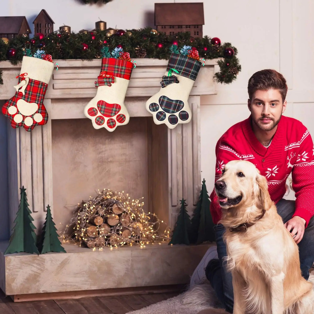 Christmas Pet Stocking with Paw Print, Plaid Hanging Gift Bag