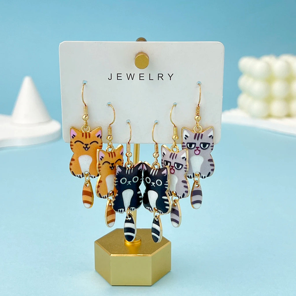 Hanging Tail Cat Dangle Earrings, 3-Pair Enamel Gift Set for Cat Lovers