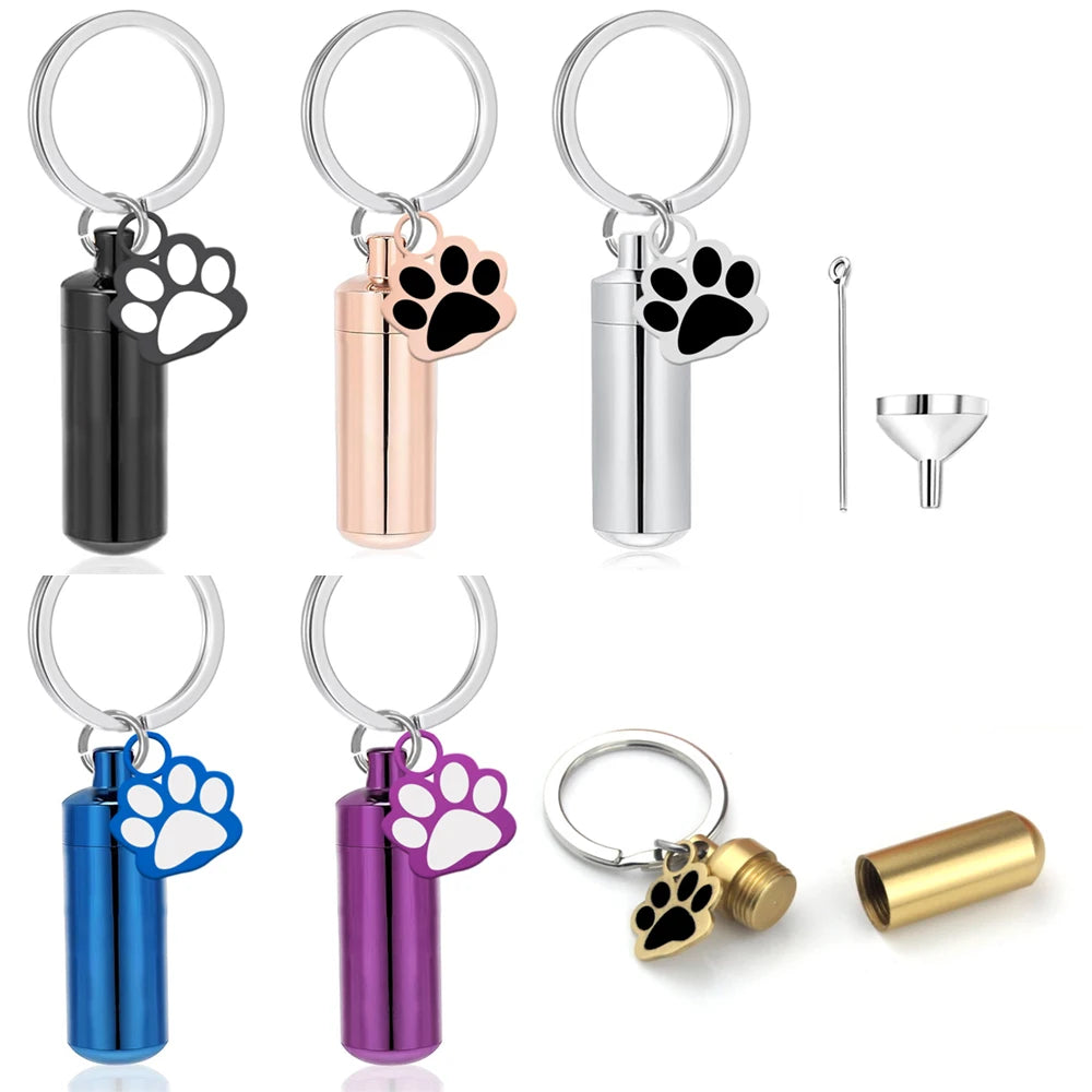 Paw Print Pet Memorial Urn Keychain, Cylinder Ashes Keepsake Holder