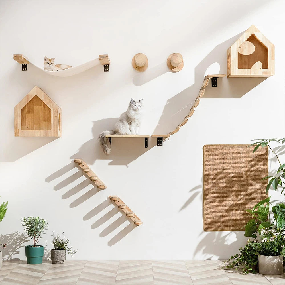 Wall-Mounted Cat Climbing Shelf Set with Scratching Post & Hammock