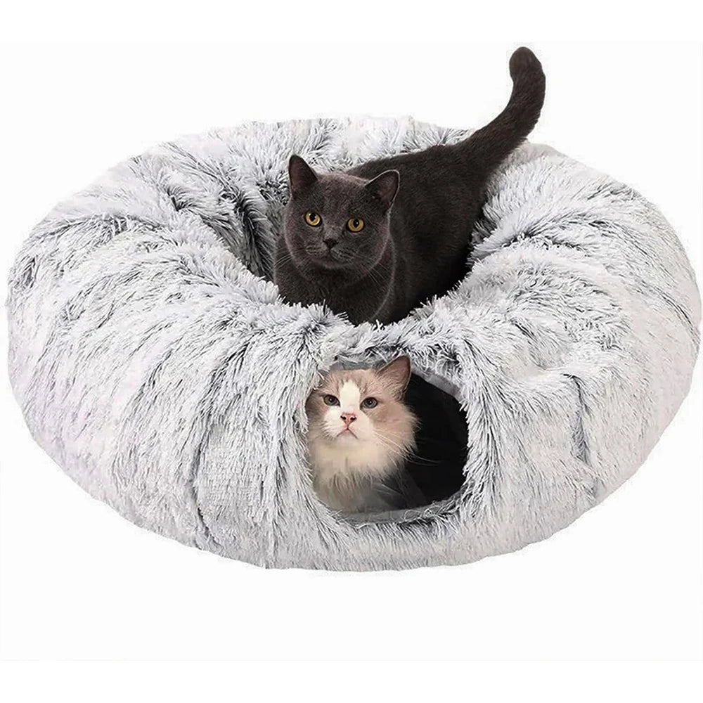 Plush Cat Tunnel Bed, Foldable 2-in-1 Warm Round Hideaway for Cats
