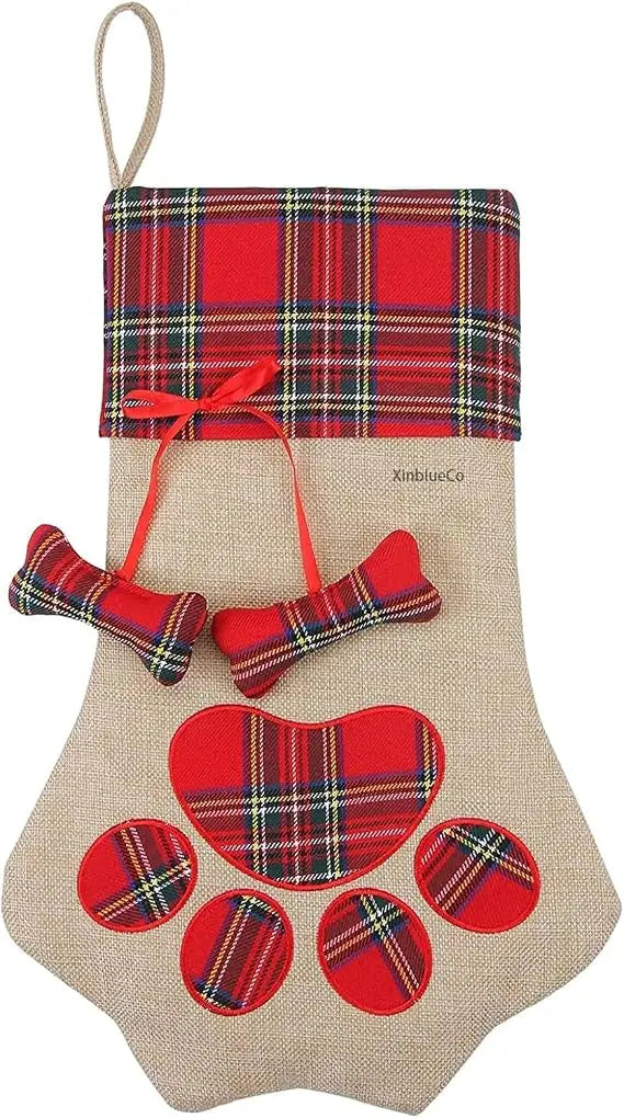 Christmas Pet Stocking with Paw Print, Plaid Hanging Gift Bag