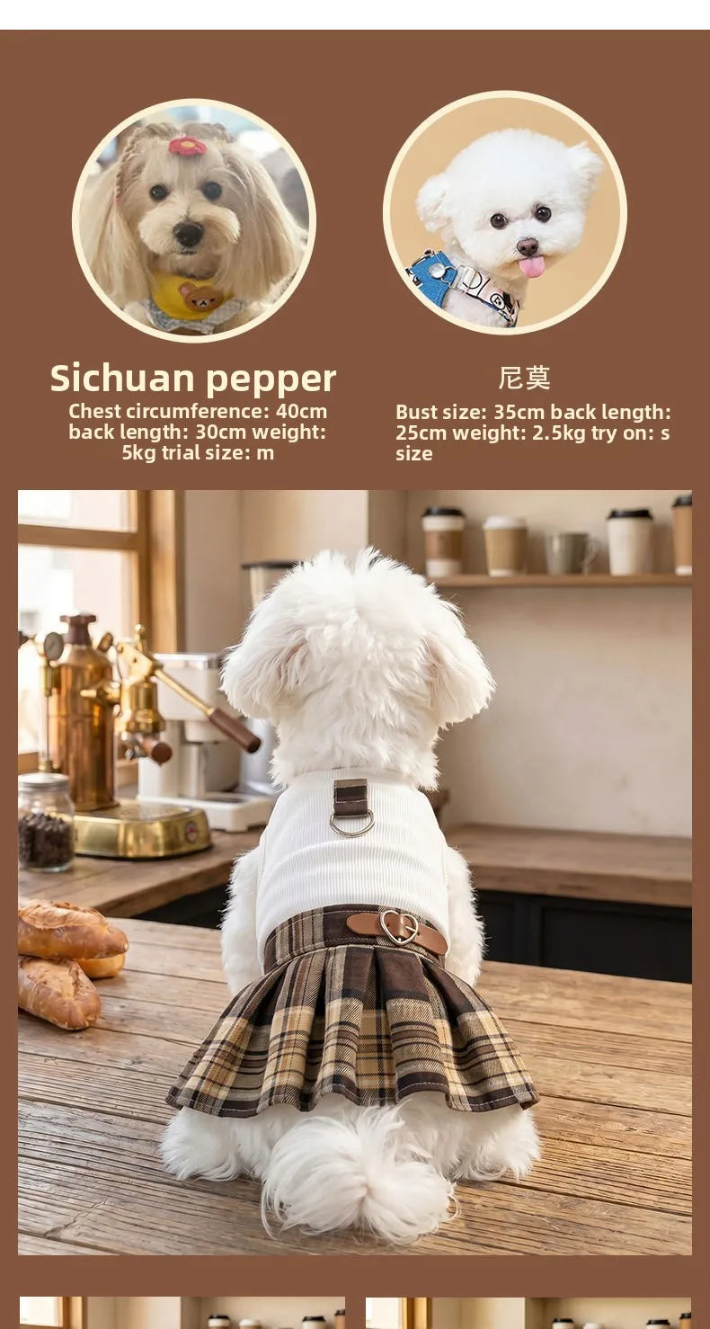 Plaid Pleated Dog Skirt Dress, Preppy Fall and Winter Pet Outfit