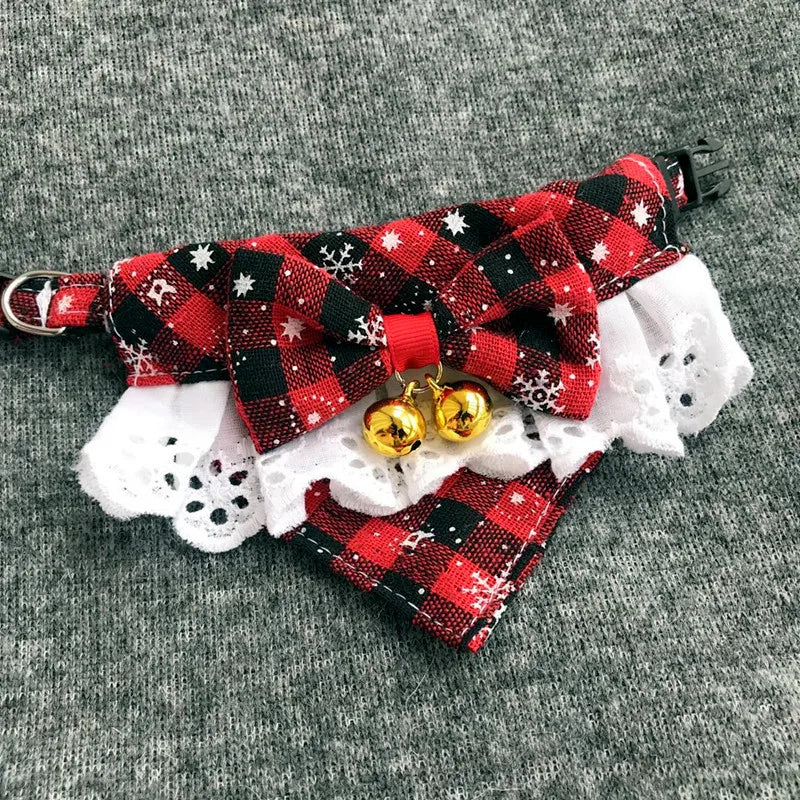 Christmas Plaid Snowflake Tie Bib for Dogs with Bell