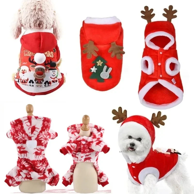 Christmas Dog Hoodie with Antlers, Festive Red Winter Pet Coat
