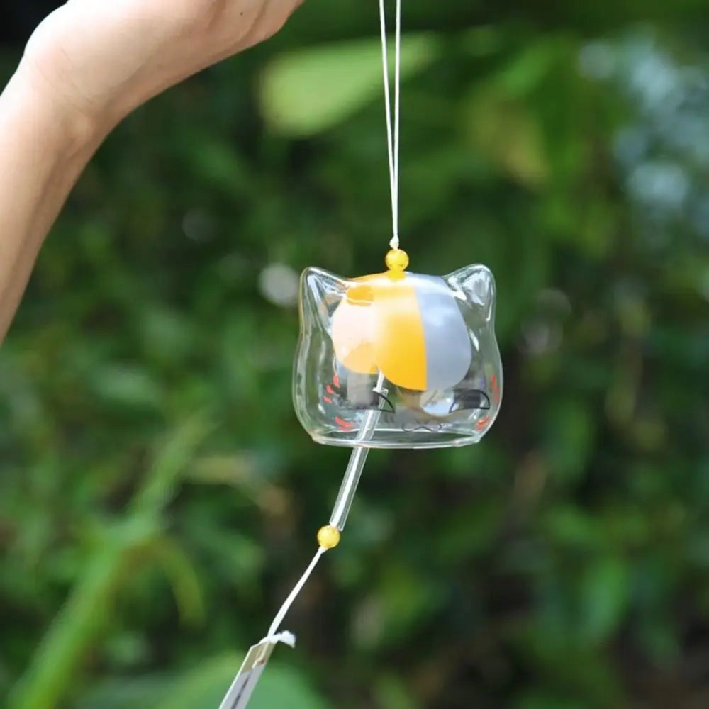 Japanese Glass Cat Wind Chime, Hanging Window Decor for Cat Lovers