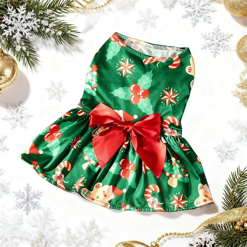 Christmas Dog Dress with Bow, Festive Holiday Pet Skirt