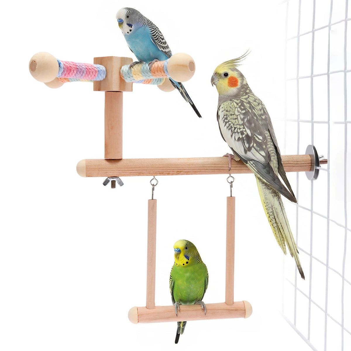 3-in-1 Wooden Bird Perch Swing & Hammock Toy for Parakeets