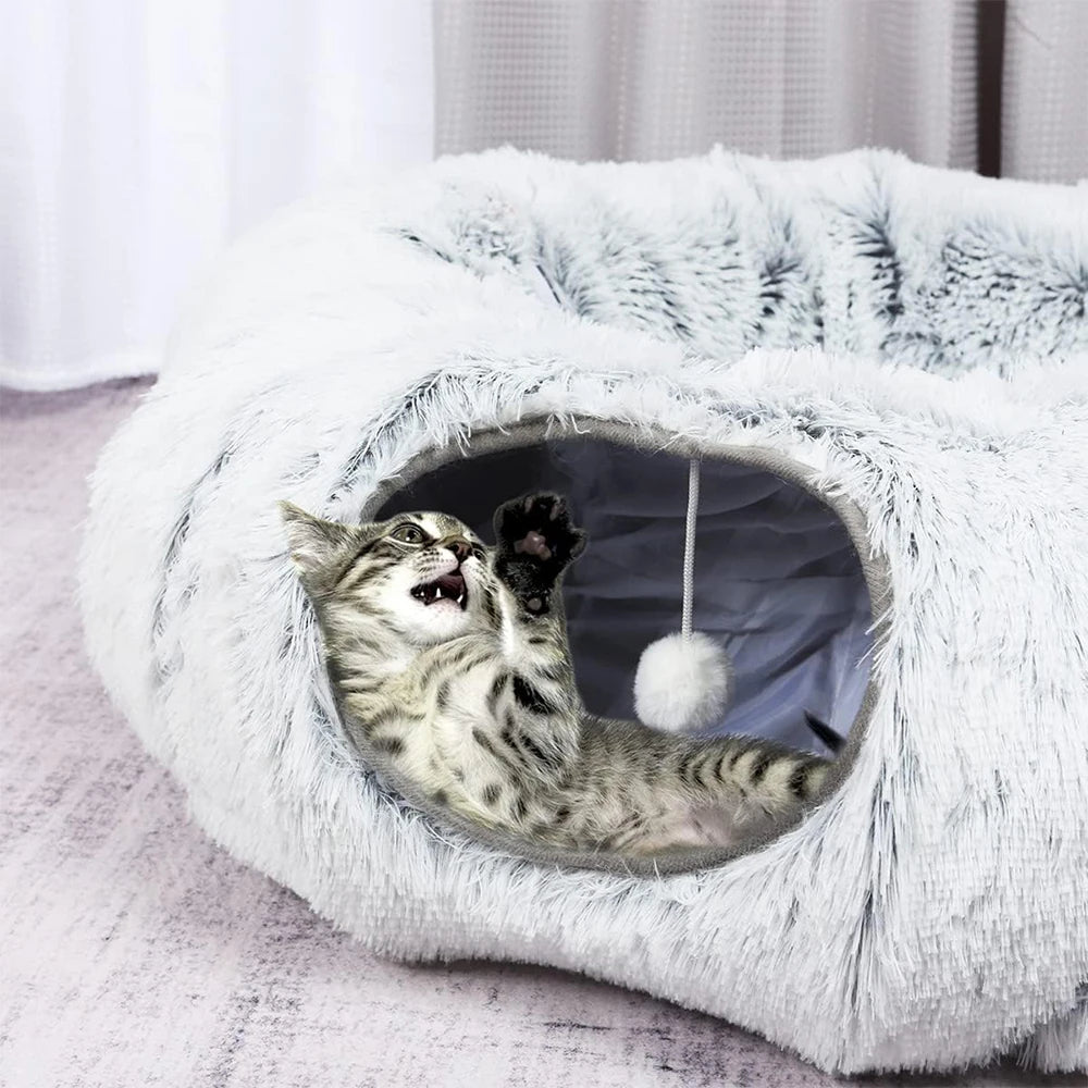 Plush Cat Tunnel Bed, Foldable 2-in-1 Warm Round Hideaway for Cats