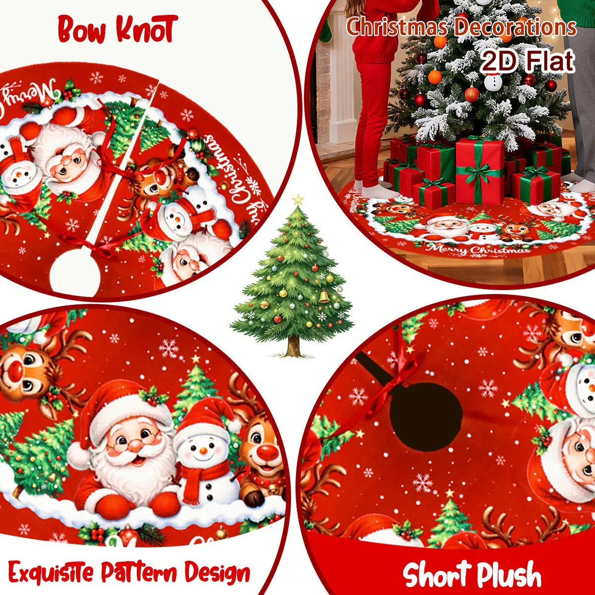 Christmas Tree Skirt, Santa & Snowman Print Holiday Tree Mat