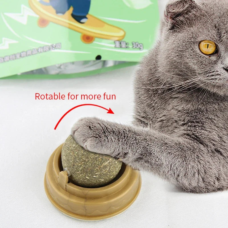 Natural Catnip Ball Wall Stick-on Cat Toy Teeth Cleaning Licking Ball