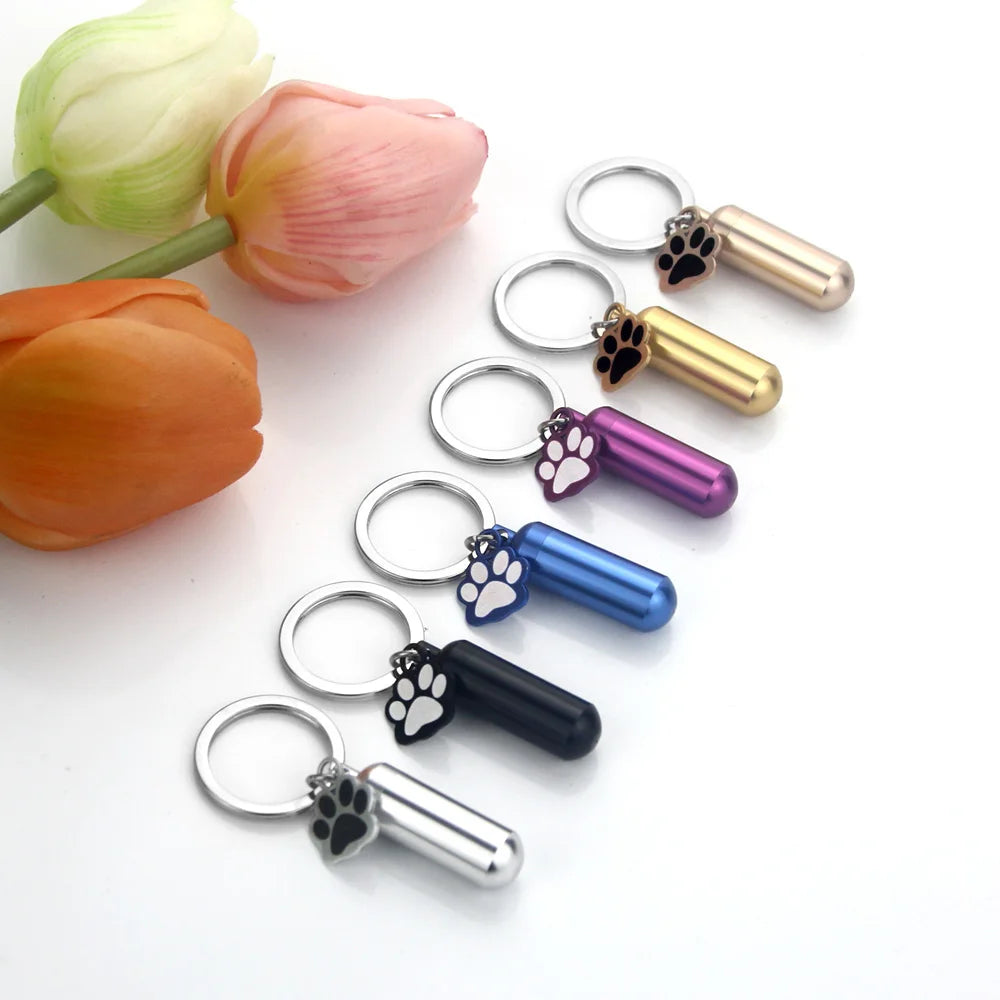 Paw Print Pet Memorial Urn Keychain, Cylinder Ashes Keepsake Holder