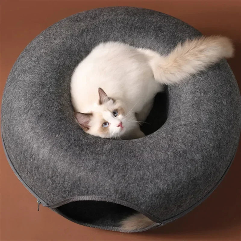 2-in-1 Felt Donut Cat Bed and Play Tunnel, Cozy Hideaway Cave