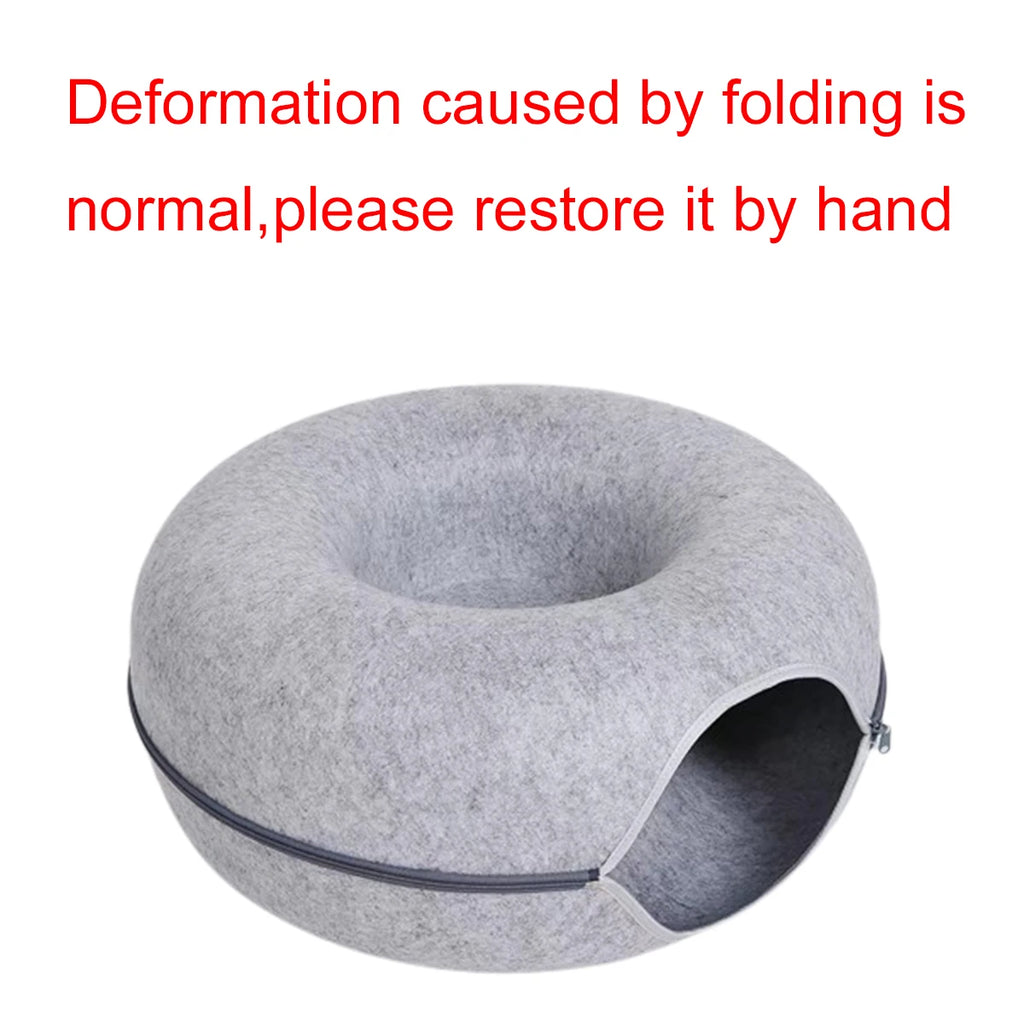 2-in-1 Felt Donut Cat Bed and Play Tunnel, Cozy Hideaway Cave